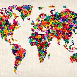 Love Hearts Map of the World Map by Michael Tompsett