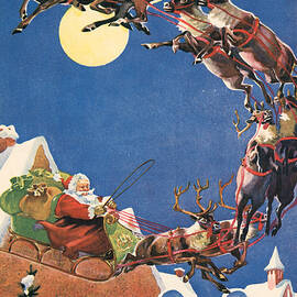 Santa's Sleigh and Reindeer Flying in the Night Sky on Christmas Eve by American School
