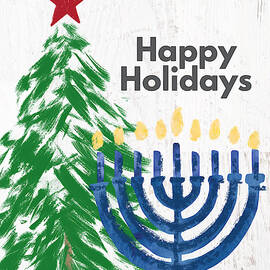 Happy Holidays Tree and Menorah- Art by Linda Woods by Linda Woods
