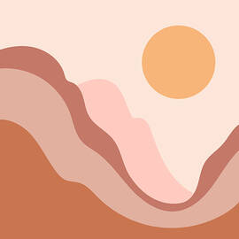 Abstract contemporary aesthetic background with landscape, desert, mountains, Sun. Earth tones, burnt orange, terracotta colors. Boho wall decor. Mid century modern minimalist art print. Organic shape by Lera Danilova