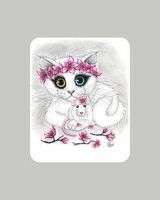 Cherry Blossoms - White Cat and Rat Chinese New Year by Carrie Hawks