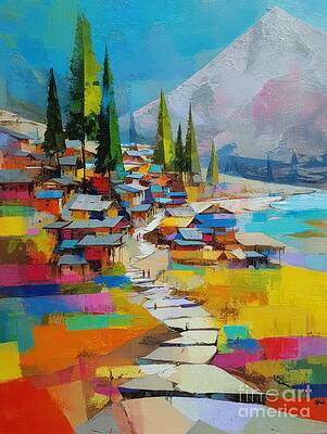 Colorful Mountain Village Landscape by Lauren Blessinger
