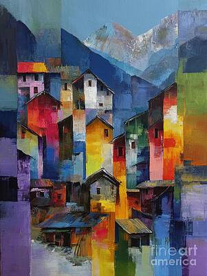 Colorful Mountain Village Scene by Lauren Blessinger