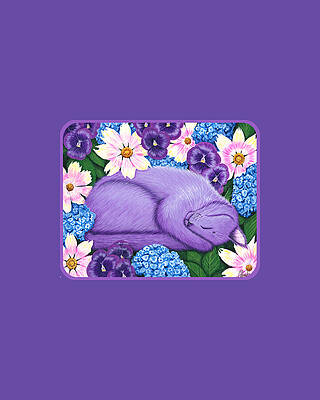 Dreaming Sleeping Purple Cat Spring Flowers by Carrie Hawks