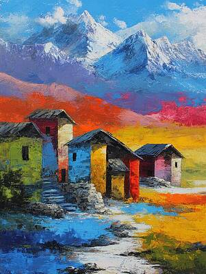 Vibrant Mountain Village Scene by Lauren Blessinger