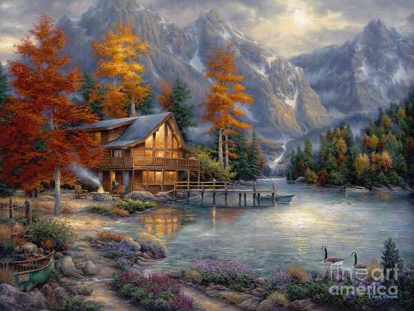 Tranquil Lakeside Mountain Cabin Poster