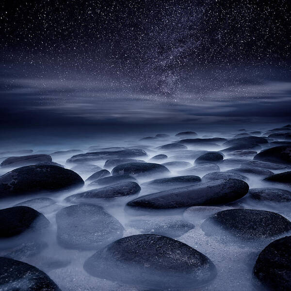 Starry Night Over Rocky Shore Poster